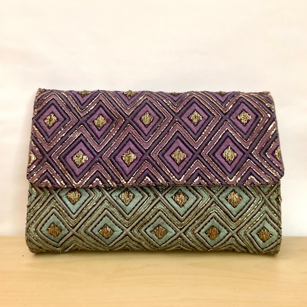 Anthropologie Jasper & Jeera Embroidered Purple Blue and Gold Clutch Purse
